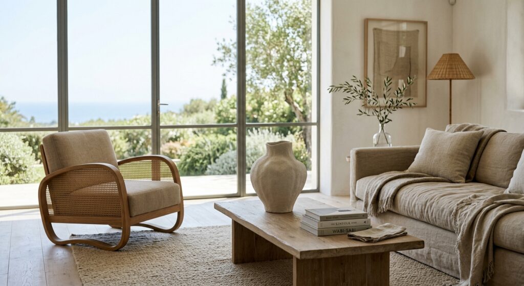 A high-end editorial photograph of a minimalist, sun-drenched living room with soft beige tones, lin