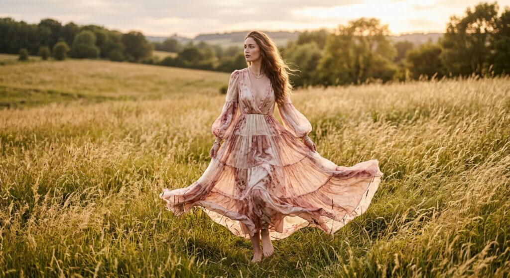 An outdoor editorial composition of a model posing in a flowing designer silk dress in a field of ta