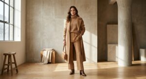 A high-end editorial fashion photograph of a woman wearing a sophisticated, layered monochromatic ca