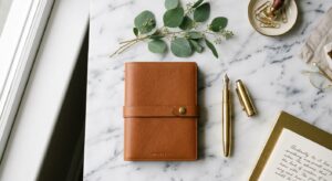 A sleek, high-end aesthetic flat lay featuring an elegant leather planner, a gold fountain pen, and