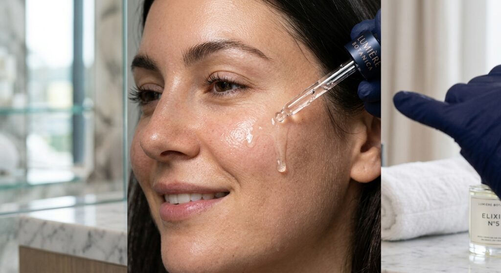 Macro photography of a professional skincare serum being applied to a cheek, highlighting texture an
