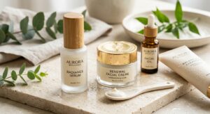 A professional editorial close-up of luxurious skincare products with water droplets and light textu