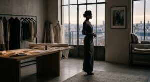 Professional editorial fashion photography of a sophisticated silhouette standing in a minimalist, h