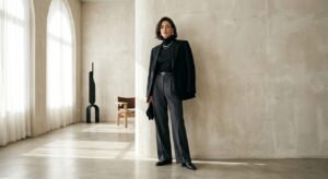 A high-fashion editorial shot of a stylish woman wearing tailored high-waisted trousers, captured in