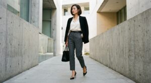 A stylish, full-body editorial photograph of a petite woman in high-waisted tailored trousers and po