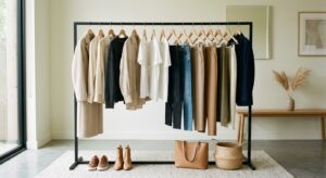 A sophisticated, high-end editorial shot of a minimalist capsule wardrobe featuring a neatly organiz