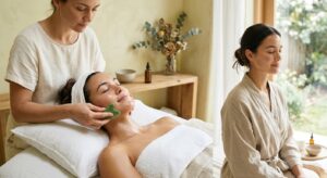 A professional editorial-style photograph of a beautiful woman with glowing skin receiving a relaxin