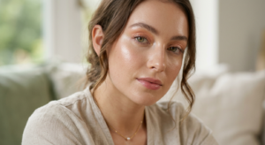 A close-up portrait of a model with glowing, dewy skin and soft-focus eyes wearing subtle iridescent