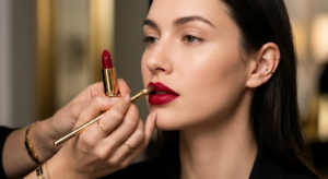 Professional studio shot of a makeup artist’s hand applying pigmented luxury crimson lipstick, inten