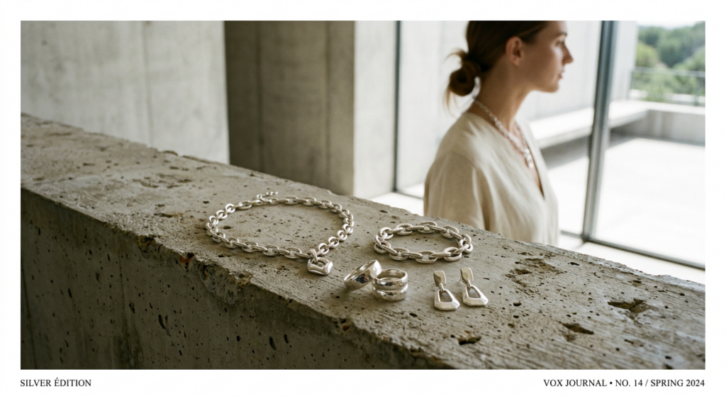 A minimalist editorial shot of a trendy silver jewelry set styled on a clean architectural concrete