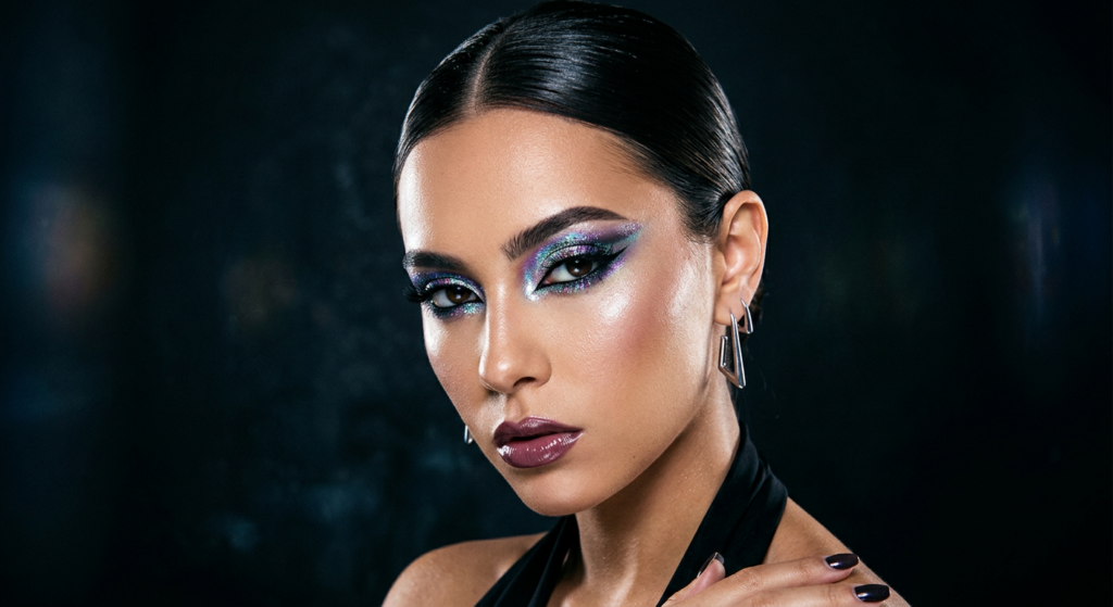 A vibrant experimental beauty portrait with holographic eyeshadow and slicked-back hair, dark studio