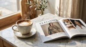An elegant, sun-drenched aesthetic shot of a steaming ceramic coffee cup resting on a marble surface