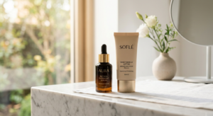 A high-end editorial shot featuring a sleek bottle of retinol serum placed next to a luxury sunscree