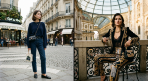 A split-screen editorial composition contrasting minimalist, effortless Parisian chic on the left wi