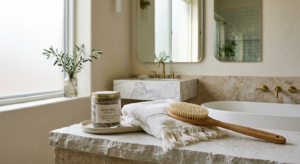 A high-end editorial shot of a minimalist, luxury bathroom setting featuring a gentle exfoliating bo