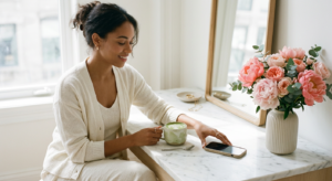 A minimalist, editorial-style photograph of a serene woman in stylish loungewear placing her smartph