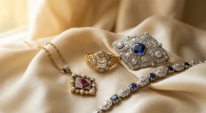 Elegant close-up of high-end vintage jewelry pieces resting on a luxurious silk fabric, professional