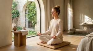 An editorial, high-end lifestyle photograph of a serene woman practicing mindful meditation in a sun