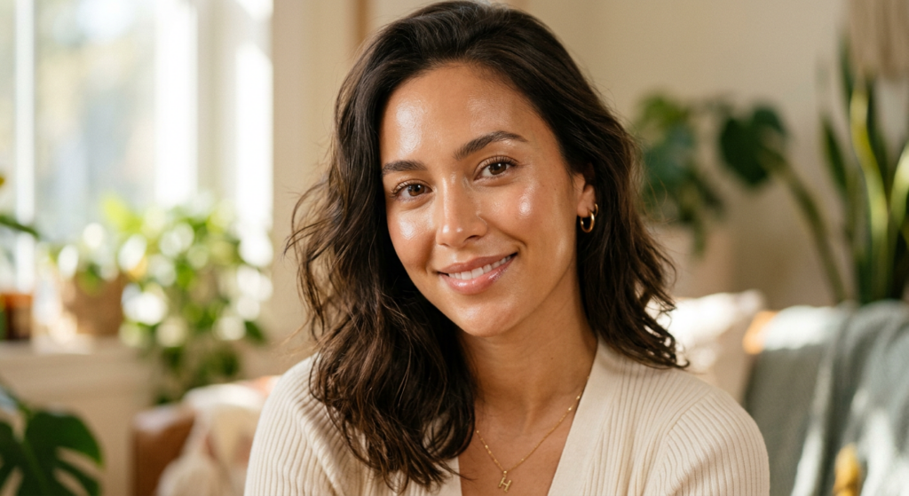 A professional editorial close-up portrait of a woman with healthy, dewy, glowing skin, captured in