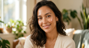 A professional editorial close-up portrait of a woman with healthy, dewy, glowing skin, captured in