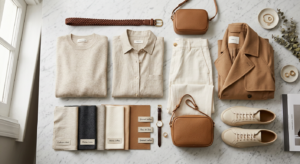 A high-end editorial flat-lay of a curated minimalist wardrobe featuring premium neutral-toned garme