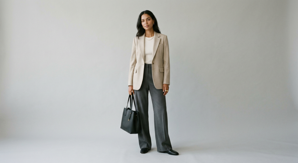 A minimalist, editorial-style photograph featuring a woman in a neutral-toned, sleek outfit against