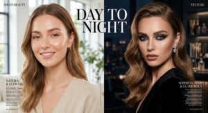 A split-screen editorial composition showcasing a natural, glowing daytime makeup look on one side a