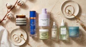 A high-end editorial flat-lay featuring high-quality skincare products for dry skin arranged aesthet