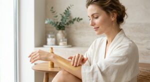 A high-end editorial close-up of a woman with fair skin applying a golden self-tanning lotion, featu
