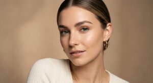 A close-up editorial portrait of a woman with perfectly groomed, naturally lifted eyebrows, showcasi